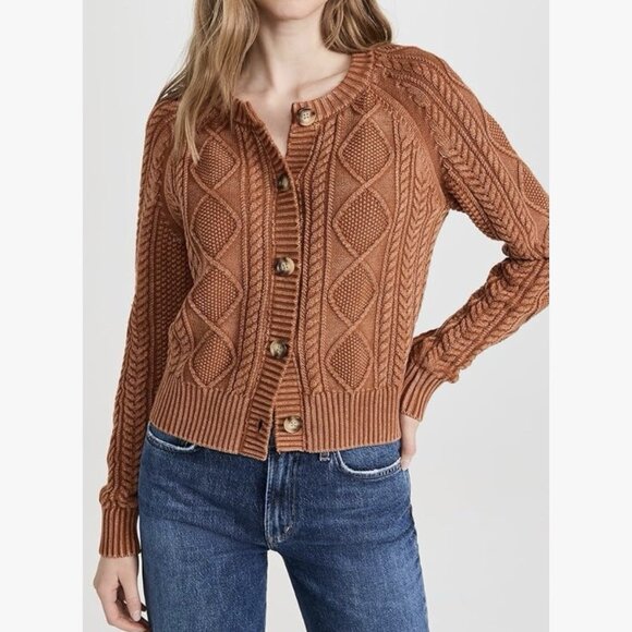 Faherty Sunwashed Cable Knit Cardigan Sweater Medium Women Brown Cotton Organic - Picture 11 of 12